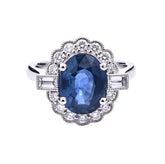 Blue Sapphire Halo Diamonds with Mill Grain Edges and Baguettes Sides