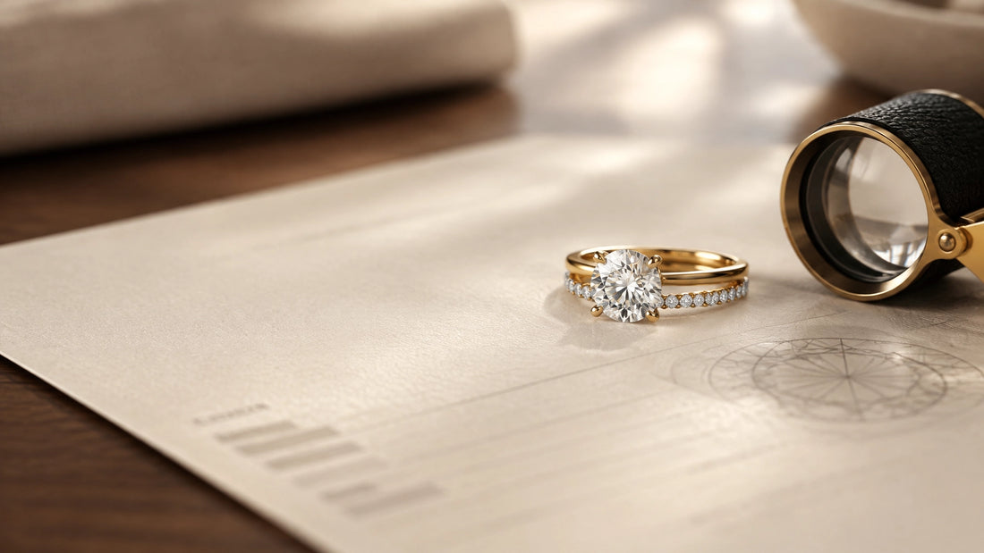 A diamond engagement ring beside a softly blurred grading report and jeweller’s loupe