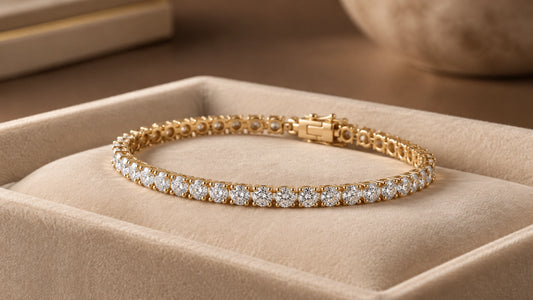 Bespoke diamond tennis bracelet in yellow gold on ivory velvet