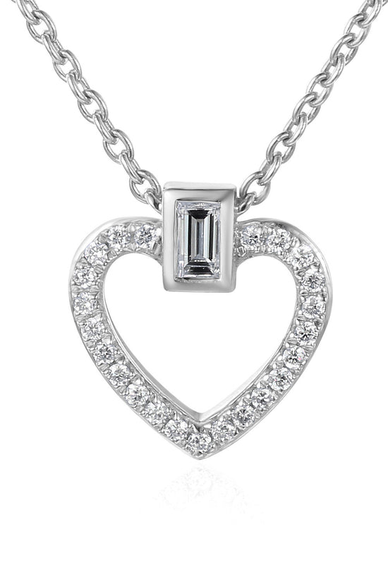 Baguette Cut Diamond Rubover Set With Round Brilliant Cut Micro Set Heart Shape Necklace