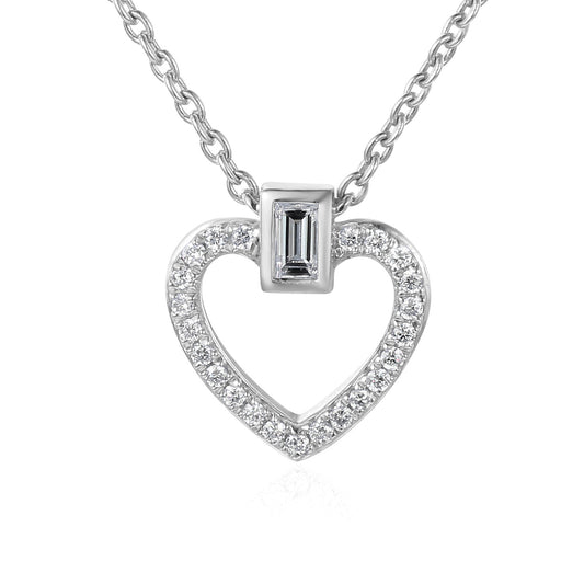 Baguette Cut Diamond Rubover Set With Round Brilliant Cut Micro Set Heart Shape Necklace
