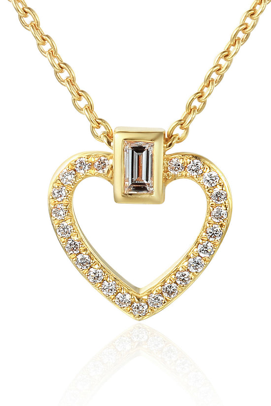 Baguette Cut Diamond Rubover Set With Round Brilliant Cut Micro Set Heart Shape Necklace