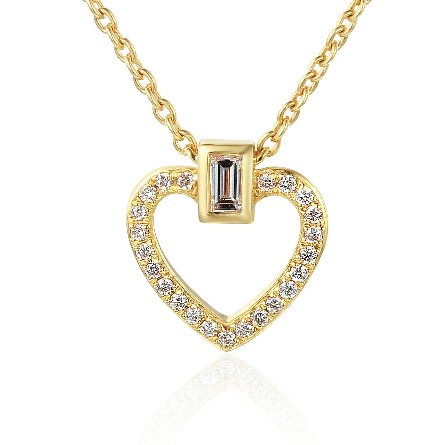 Baguette Cut Diamond Rubover Set With Round Brilliant Cut Micro Set Heart Shape Necklace