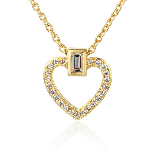 Baguette Cut Diamond Rubover Set With Round Brilliant Cut Micro Set Heart Shape Necklace