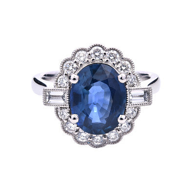 Blue Sapphire Halo Diamonds with Mill Grain Edges and Baguettes Sides