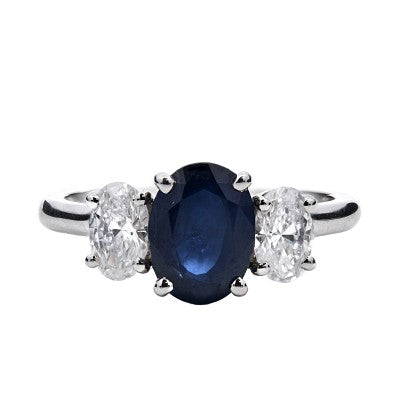 Blue Sapphire Trilogy Oval Brilliant cut with oval cut diamond sides