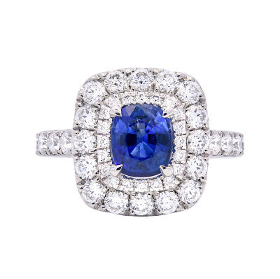 Blue Sapphire cushion cut with double Halo cluster shoulder diamonds