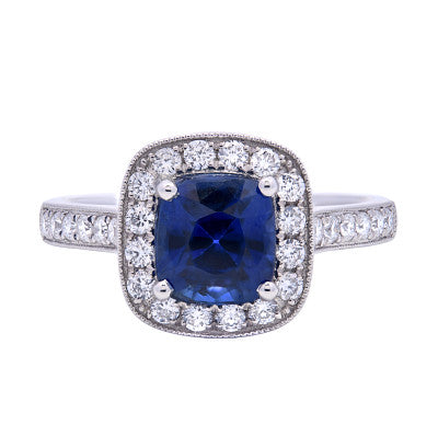 Blue Sapphire square cushion brilliant cut with Halo and diamond shoulders