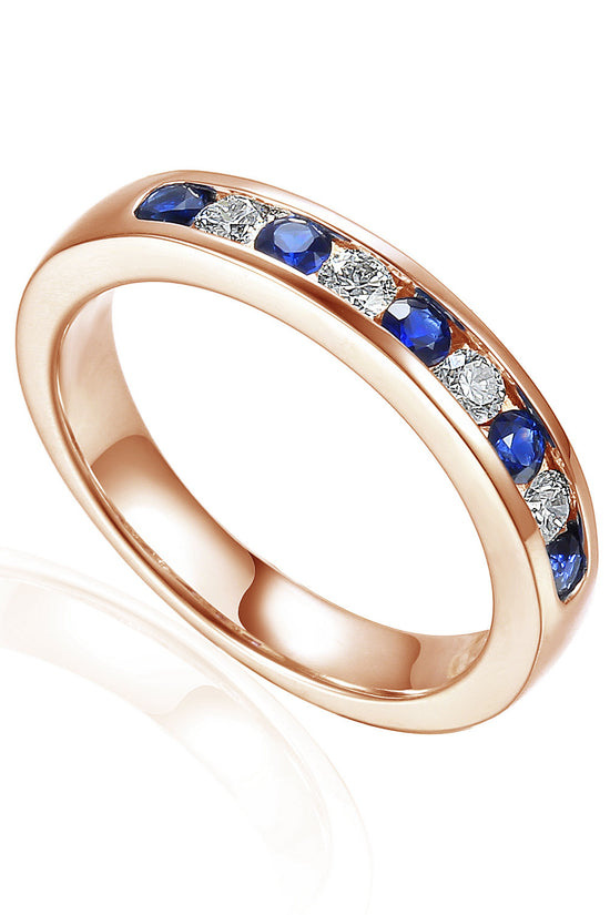Channel Set Round Brilliant Cut Blue Sapphire & Diamond Half Eternity Ring
