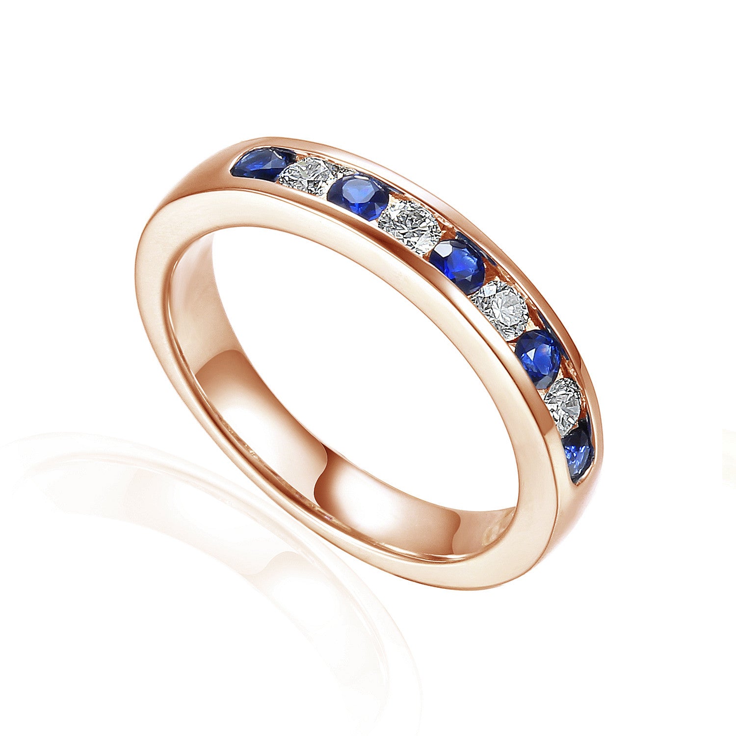 Channel Set Round Brilliant Cut Blue Sapphire & Diamond Half Eternity Ring