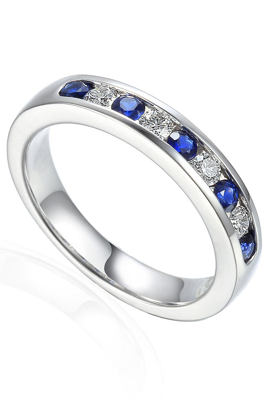 Channel Set Round Brilliant Cut Blue Sapphire & Diamond Half Eternity Ring