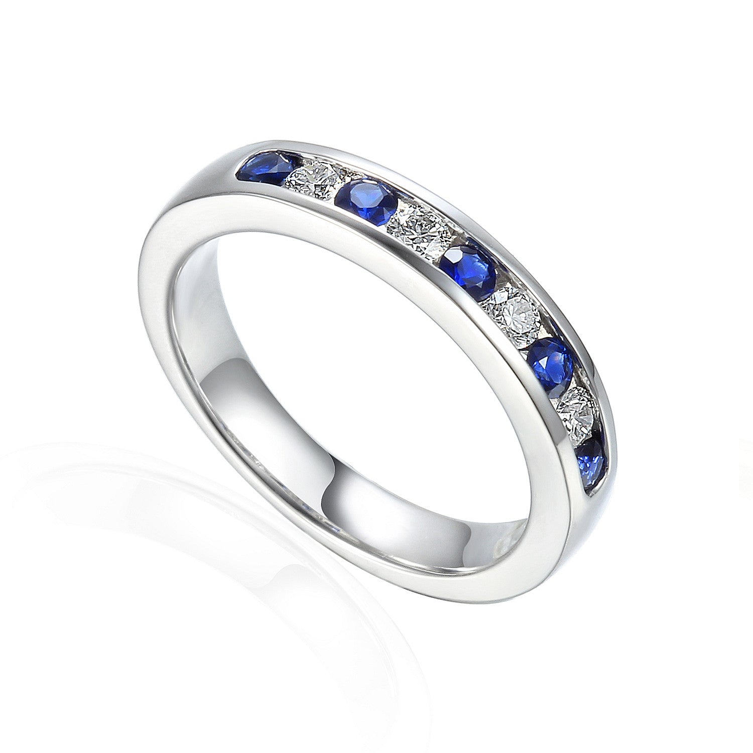Channel Set Round Brilliant Cut Blue Sapphire & Diamond Half Eternity Ring