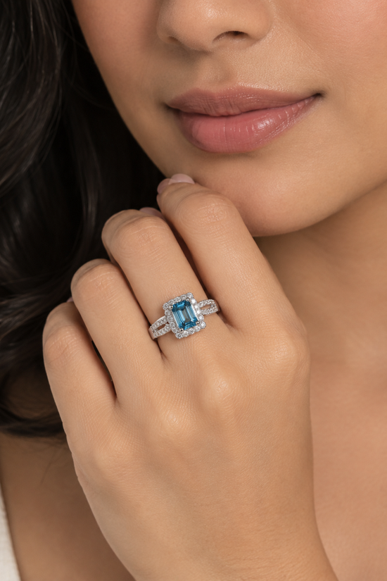 Lud  Natural Emerald-Cut Aquamarine &  Natural Diamond Split Shank Halo Ring in 18K White Gold