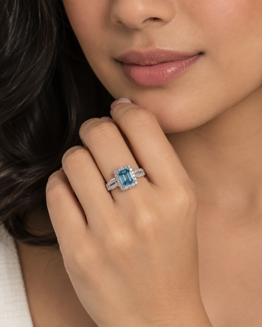 Lud  Natural Emerald-Cut Aquamarine &  Natural Diamond Split Shank Halo Ring in 18K White Gold