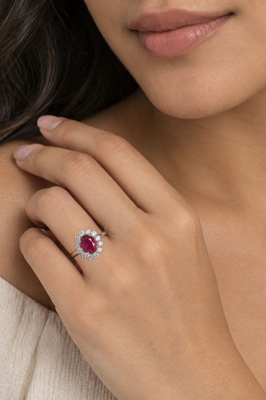 Laya  Natural Ruby &  Natural  Diamond Halo Ring in 18K White Gold