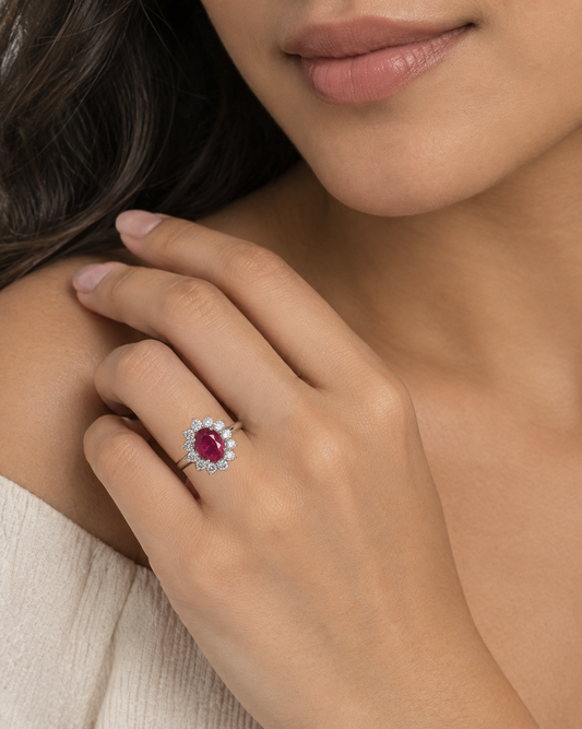 Laya  Natural Ruby &  Natural  Diamond Halo Ring in 18K White Gold