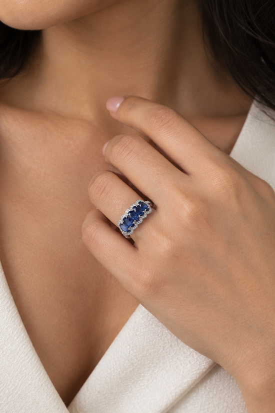 Naya Blue Natural Sapphire & Natural Diamond 5 Stone Eternity Band with Halo in 18K White Gold