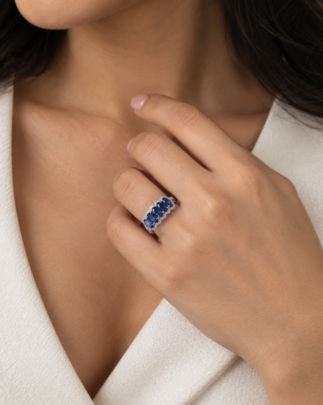 Naya Blue Natural Sapphire & Natural Diamond 5 Stone Eternity Band with Halo in 18K White Gold