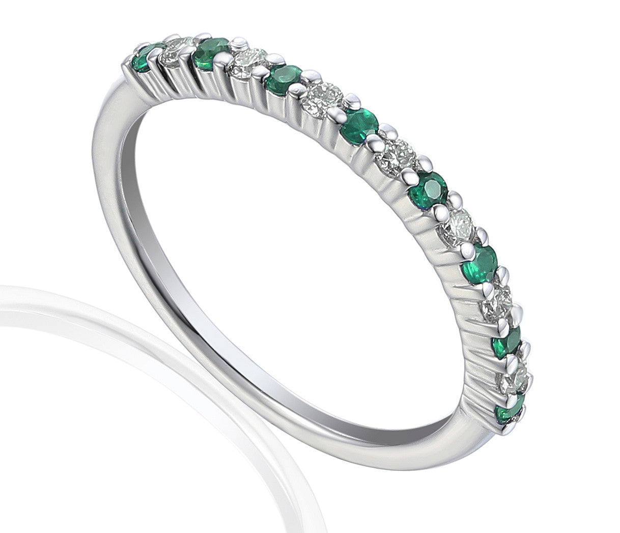 Claw Set Round Emerald & Round Diamond Half Eternity Stacking Ring