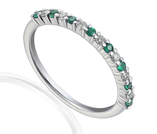Claw Set Round Emerald & Round Diamond Half Eternity Stacking Ring