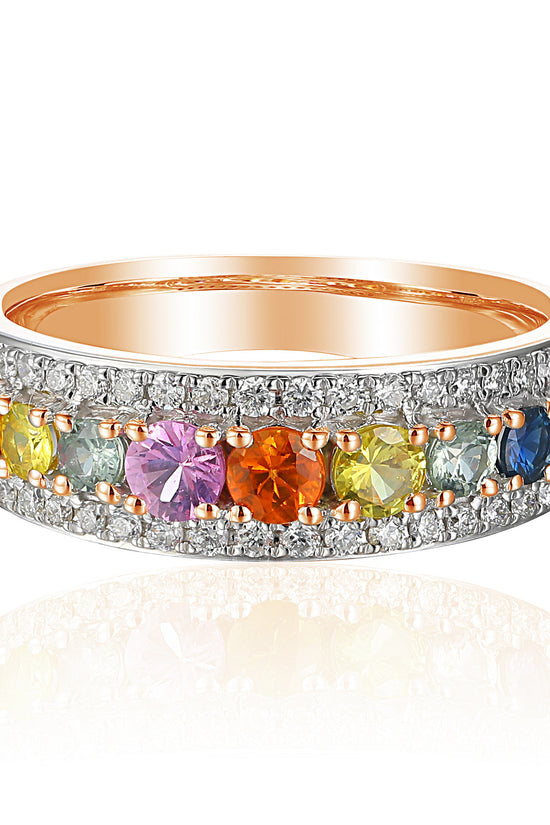 Claw & Micro Set Round Diamond & Round Multi Colour Sapphire Rainbow Statement Ring