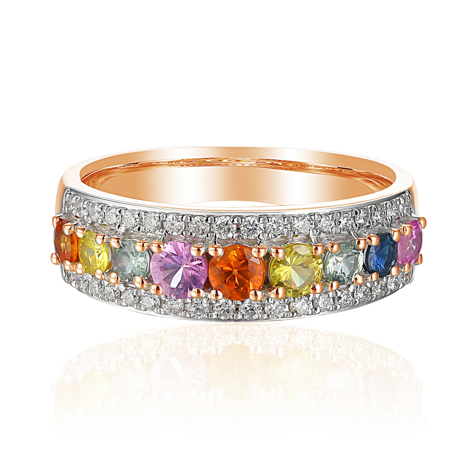 Claw & Micro Set Round Diamond & Round Multi Colour Sapphire Rainbow Statement Ring