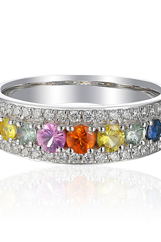 Claw & Micro Set Round Diamond & Round Multi Colour Sapphire Rainbow Statement Ring