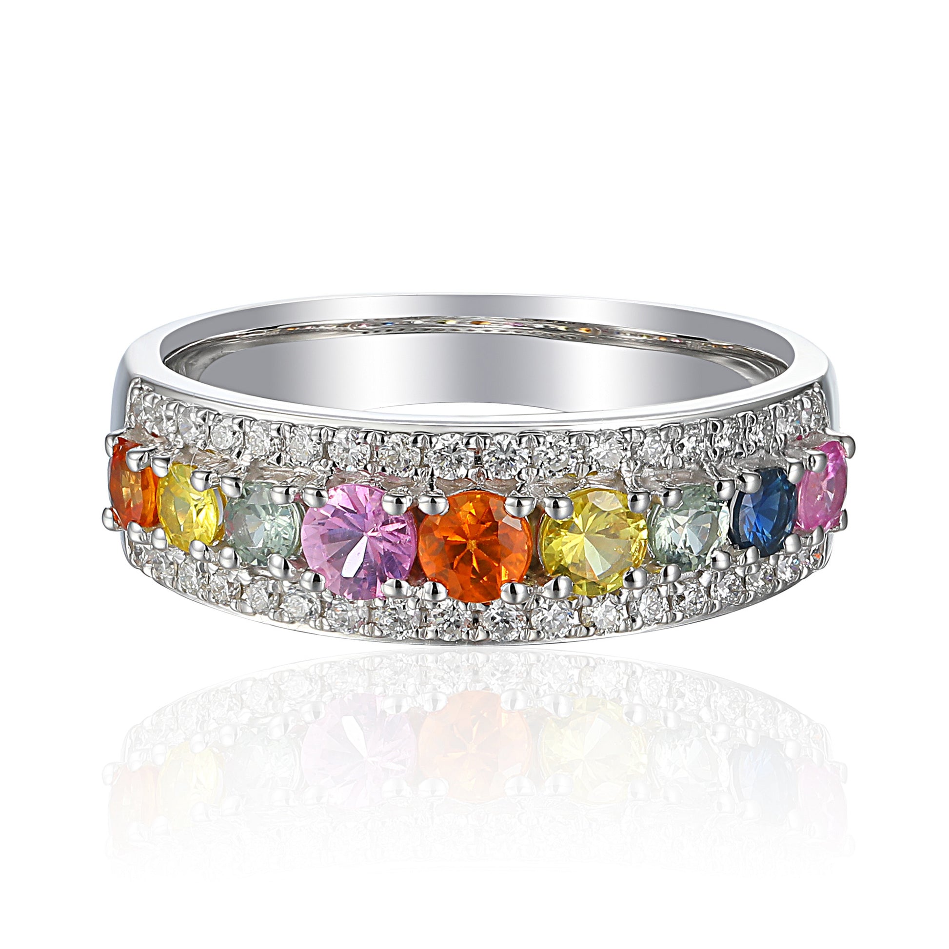 Claw & Micro Set Round Diamond & Round Multi Colour Sapphire Rainbow Statement Ring