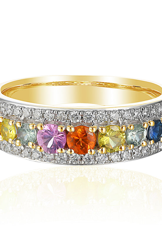 Claw & Micro Set Round Diamond & Round Multi Colour Sapphire Rainbow Statement Ring