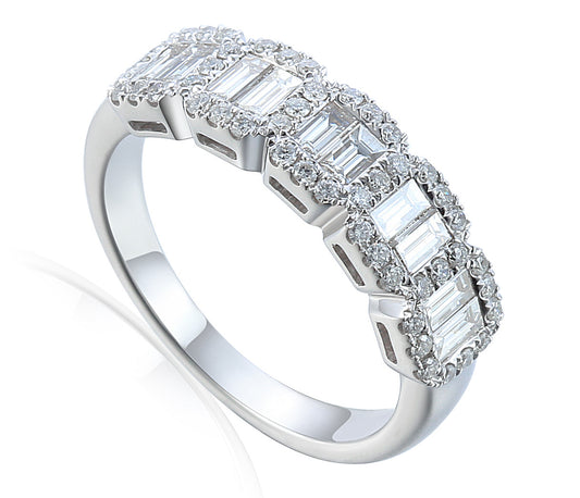 Claw and Channel Set Baguette and Round Brilliant Cut Diamond Half Eternity Ring