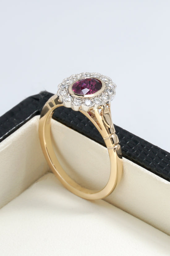Farah Oval  Ruby Halo Ring in 18K Yellow Gold
