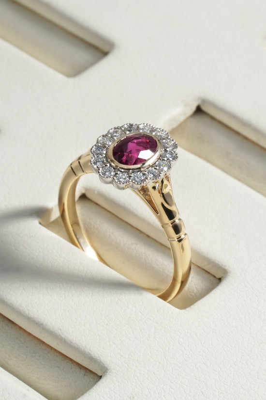 Farah Oval  Ruby Halo Ring in 18K Yellow Gold