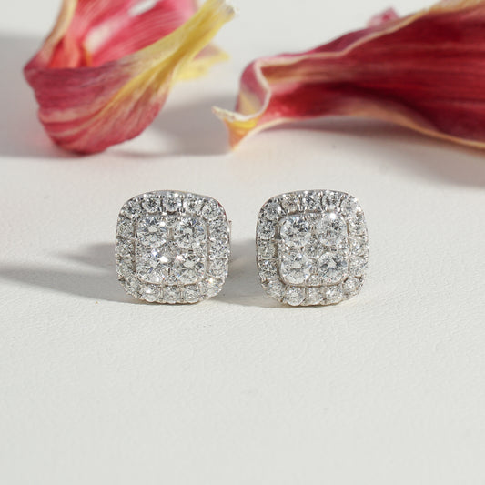 Lab-Grown Diamond Cushion-Shape Cluster Halo Stud Earrings in White Gold