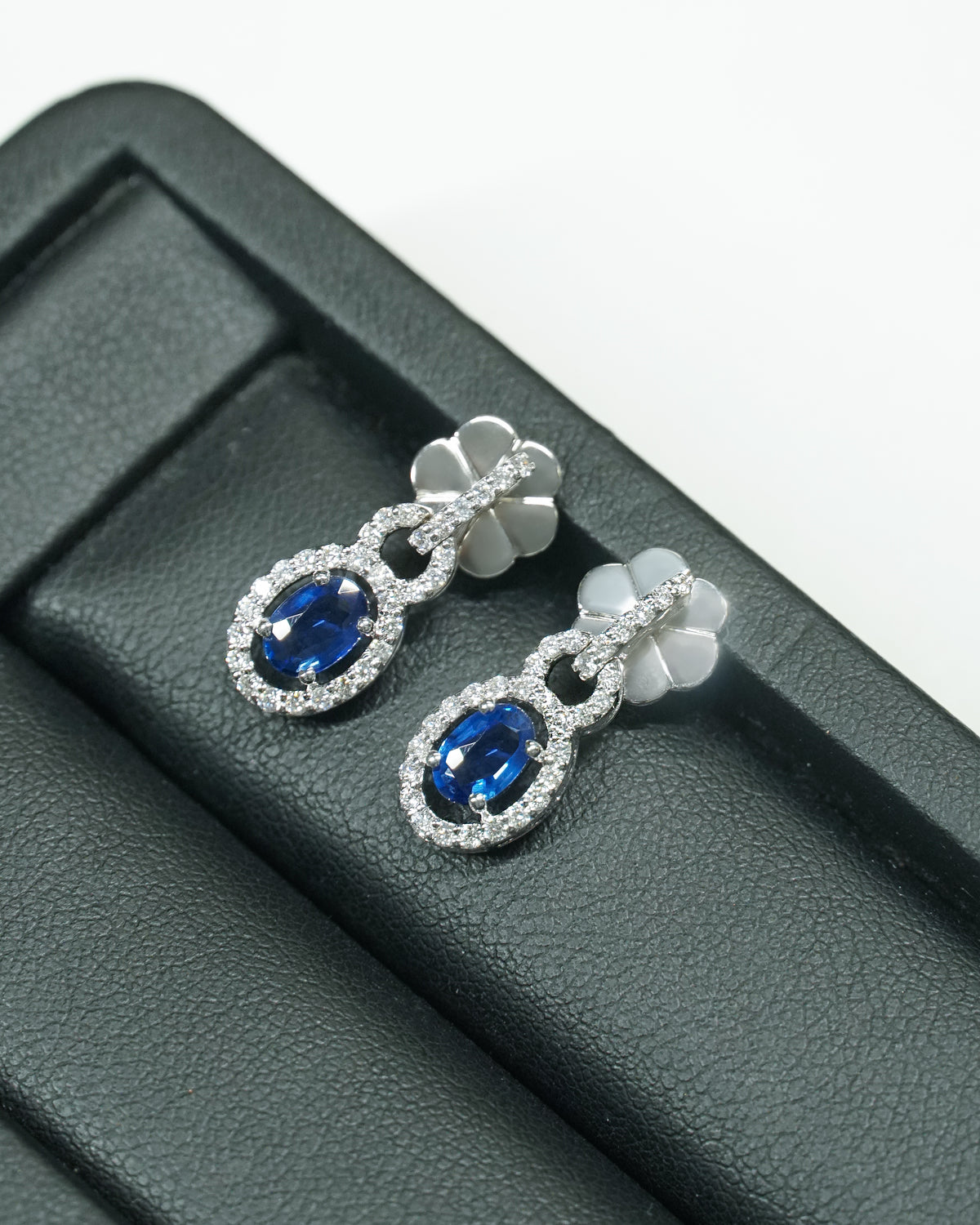 Blue Sapphire &  Diamond  Halo Drop Earrings in White Gold
