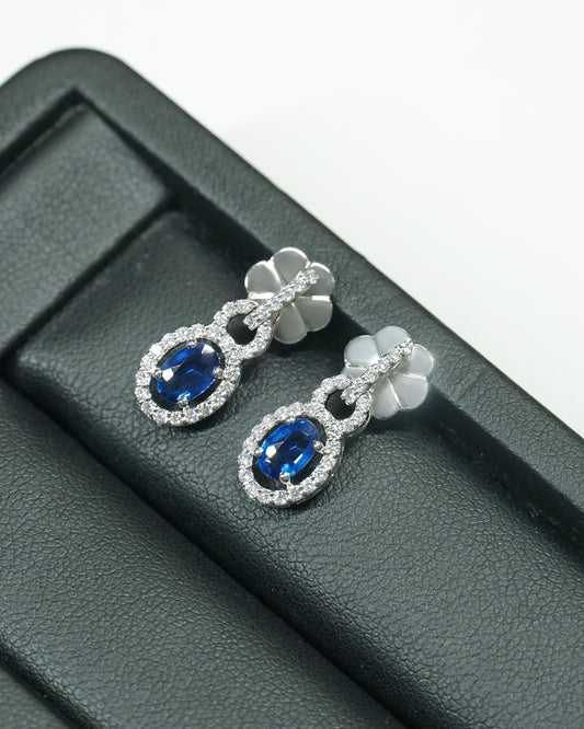 Blue Sapphire &  Diamond  Halo Drop Earrings in White Gold