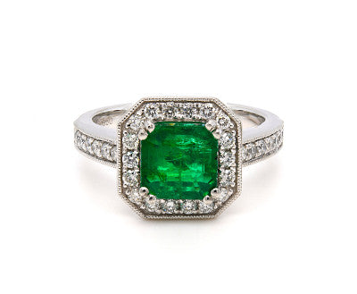 Emerald Halo square emerald cut green emerald with Halo diamond shoulders