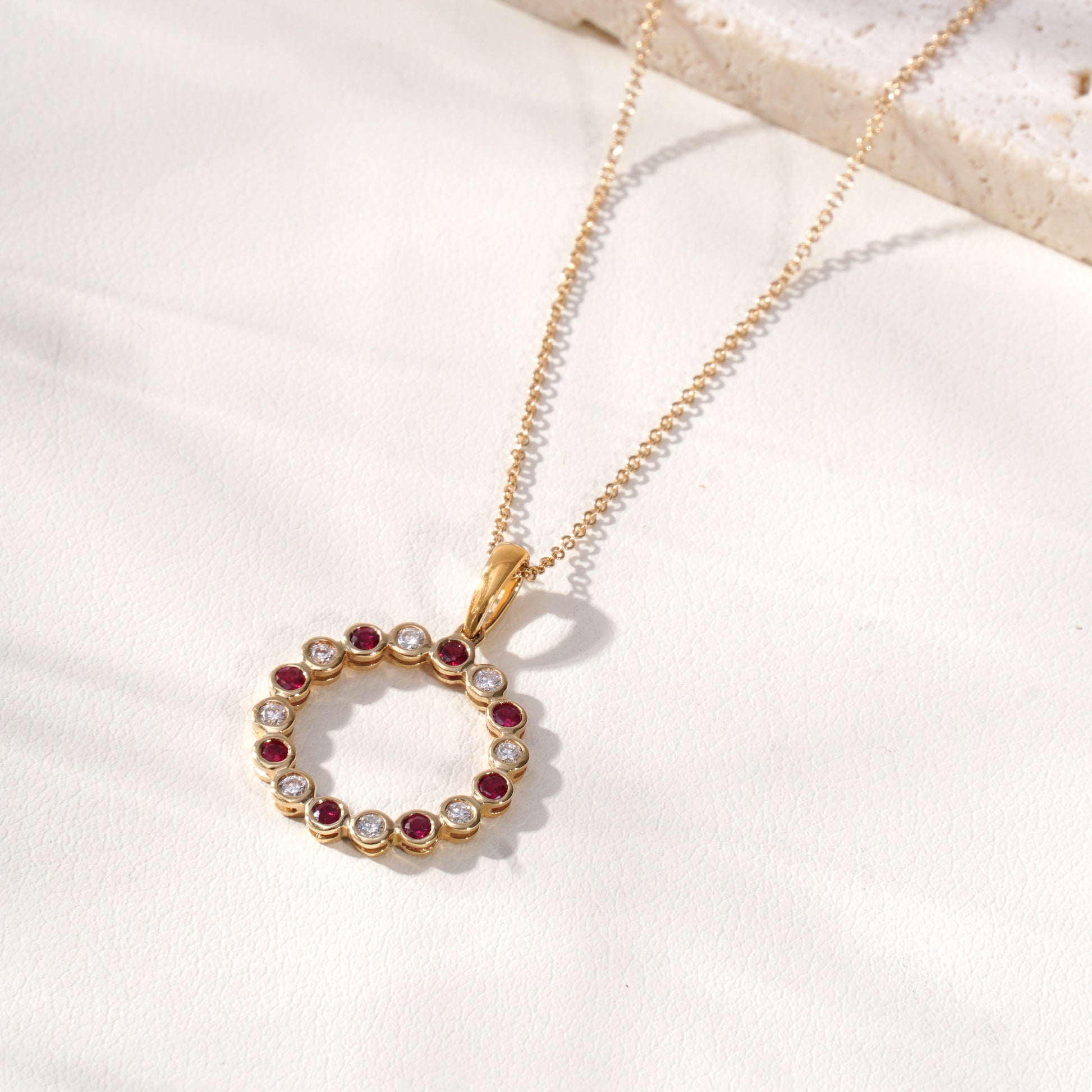 Round Ruby & Diamond Circle Pendant Necklace – 18K Yellow Gold