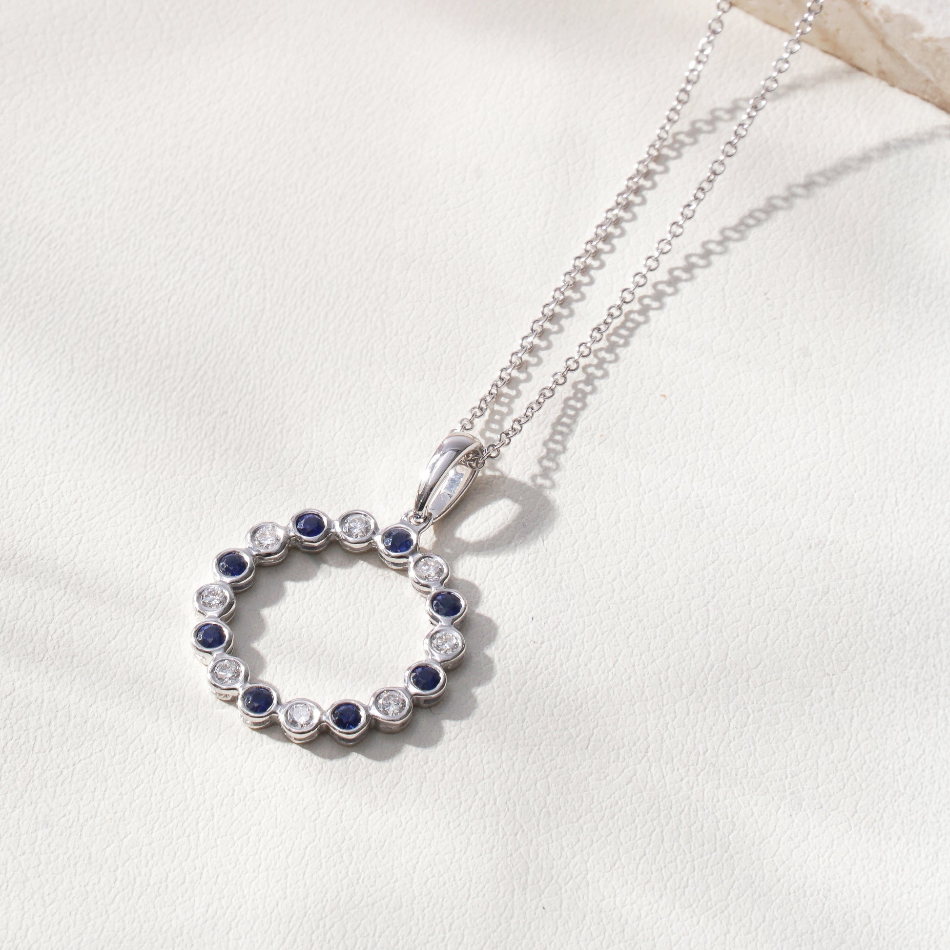Blue Sapphire & Lab-Grown Diamond Circle Pendant Necklace in 18K White Gold