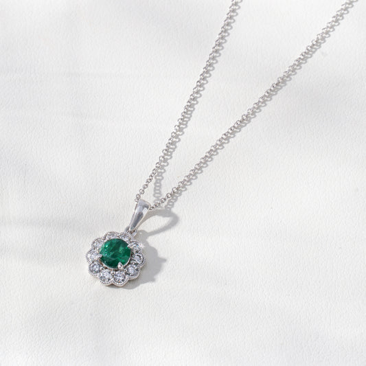 Emerald & Lab-Grown Diamond Halo Pendant Necklace in 18K White Gold