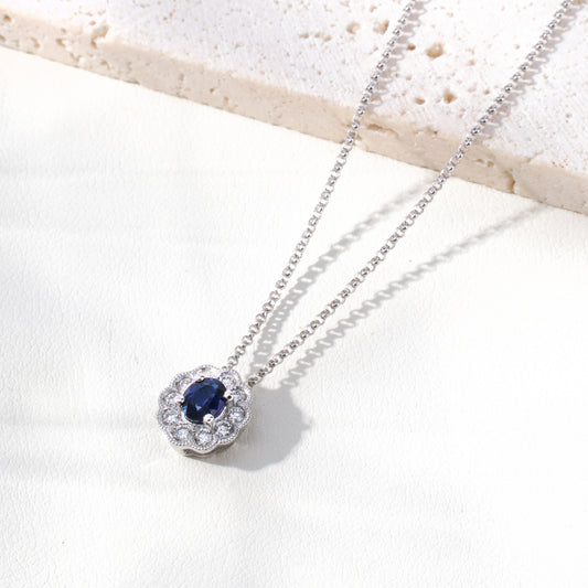 Blue Sapphire & Lab-Grown Diamond Cluster Pendant Necklace in 18K White Gold