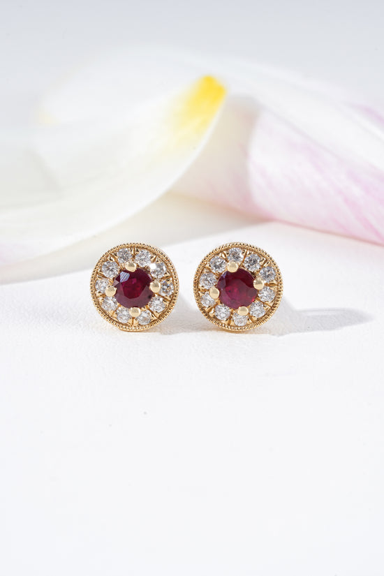 Ruby & Diamond Milgrain Halo Stud Earrings in 18K Yellow Gold