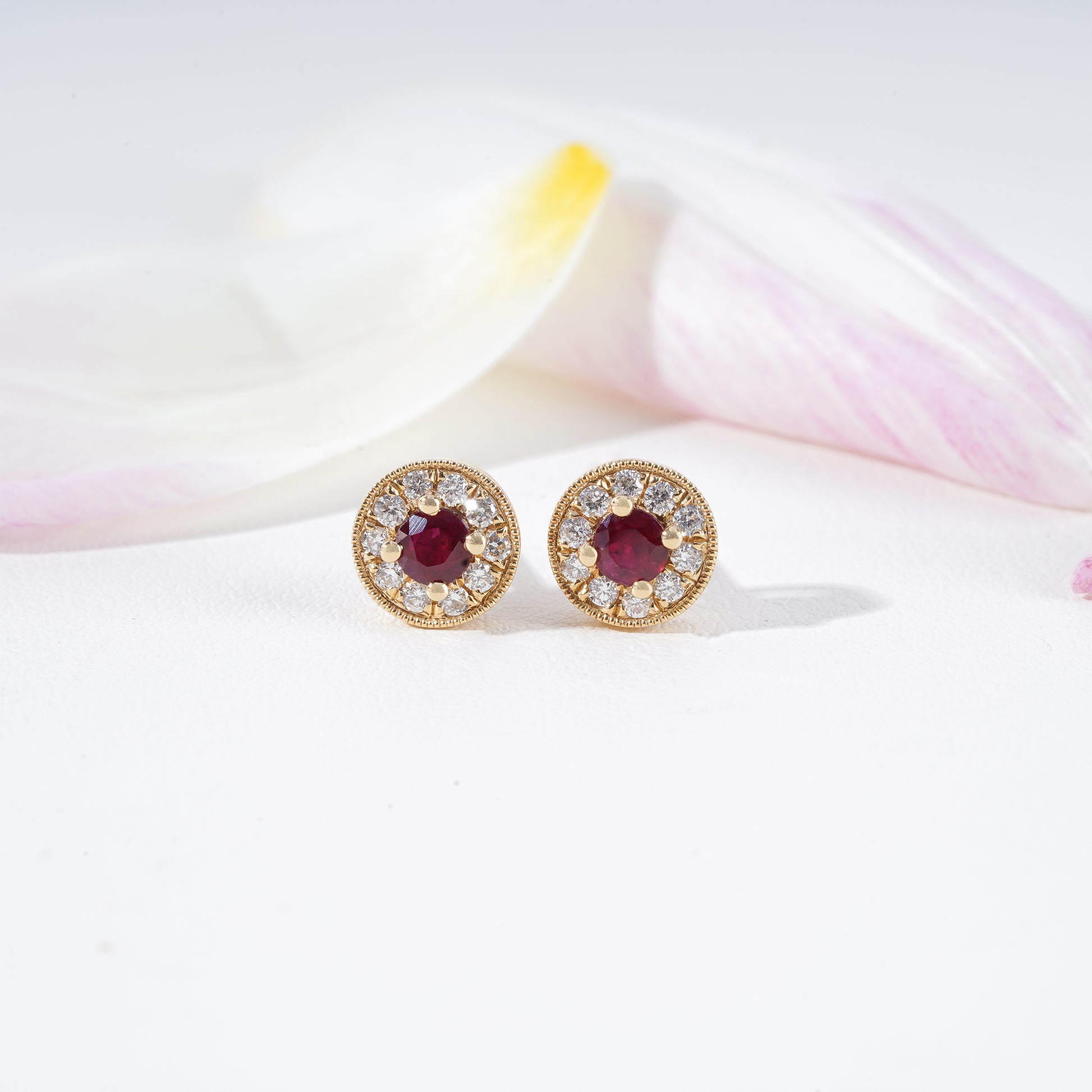 Ruby & Diamond Milgrain Halo Stud Earrings in 18K Yellow Gold