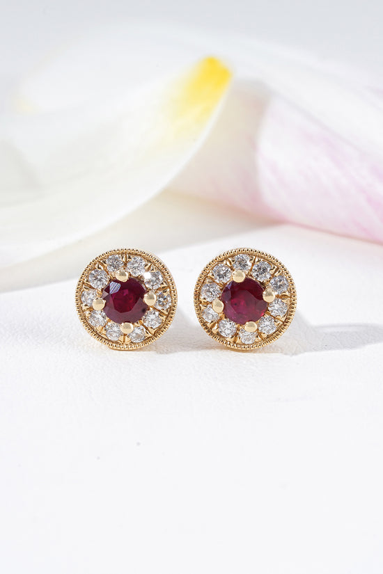 Ruby & Diamond Milgrain Halo Stud Earrings in 18K Yellow Gold