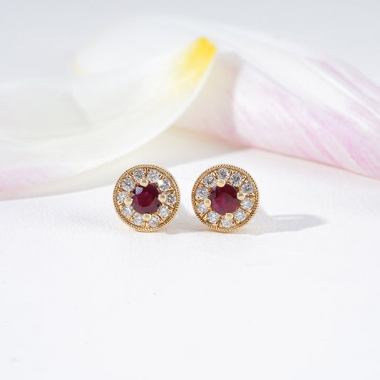 Ruby & Diamond Milgrain Halo Stud Earrings in 18K Yellow Gold