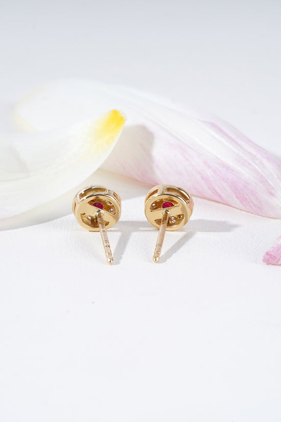 Ruby & Diamond Milgrain Halo Stud Earrings in 18K Yellow Gold