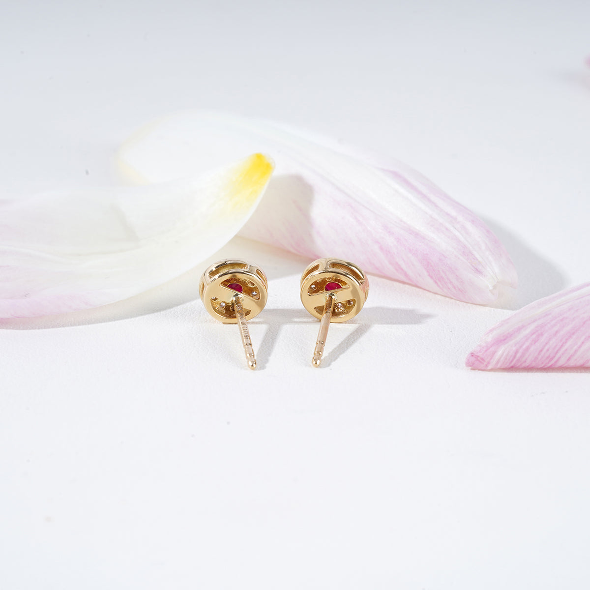 Ruby & Diamond Milgrain Halo Stud Earrings in 18K Yellow Gold