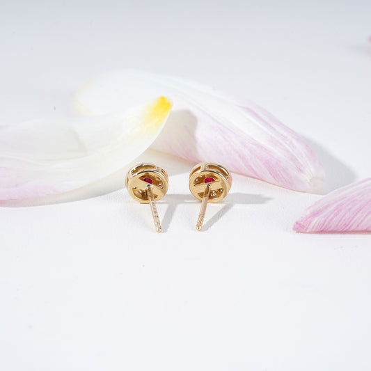 Ruby & Diamond Milgrain Halo Stud Earrings in 18K Yellow Gold