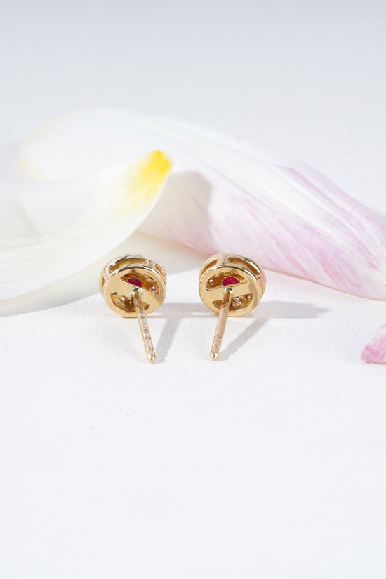 Ruby & Diamond Milgrain Halo Stud Earrings in 18K Yellow Gold