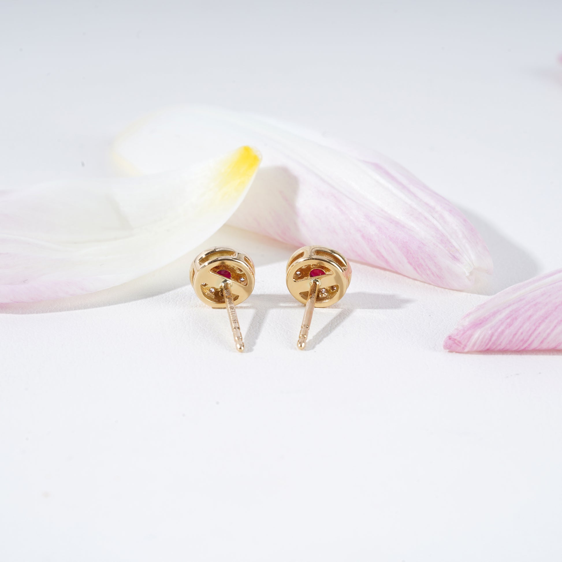 Ruby & Diamond Milgrain Halo Stud Earrings in 18K Yellow Gold