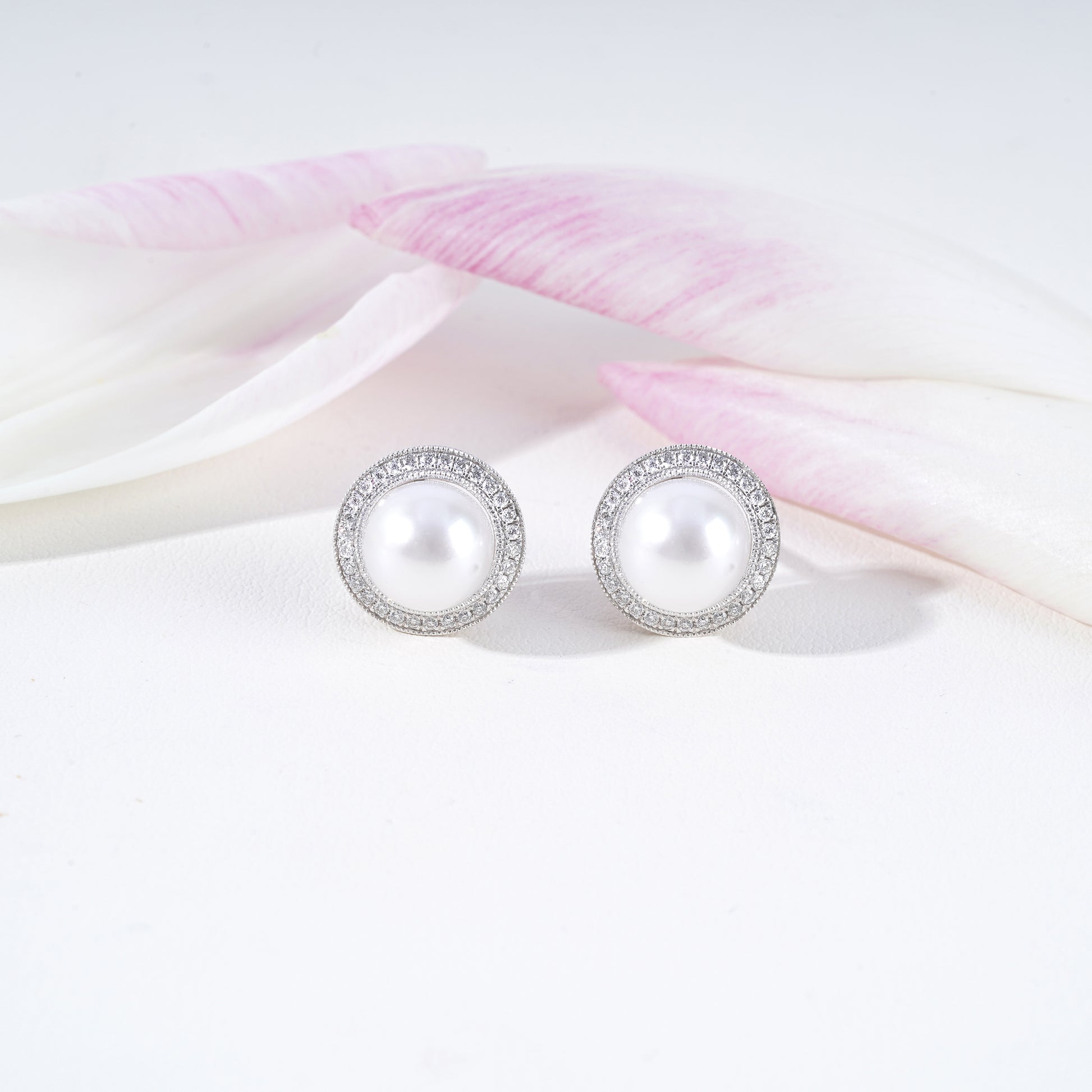 Pearl & Lab-Grown Diamond Halo Earrings in 18K White Gold